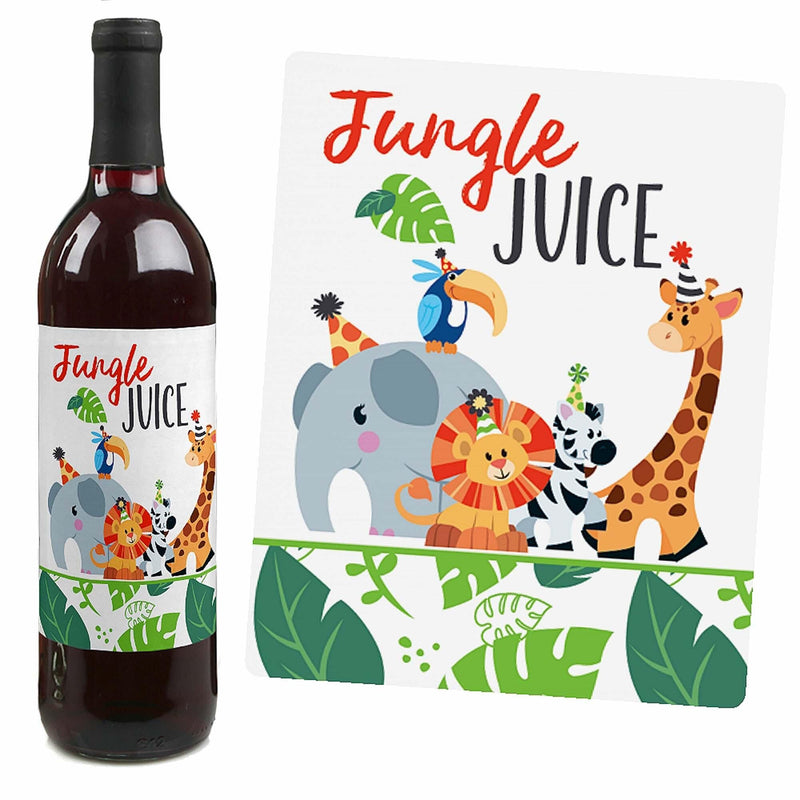 Jungle Party Animals - Safari Zoo Animal Birthday Party or Baby Shower Decorations for Women and Men - Wine Bottle Label Stickers - Set of 4