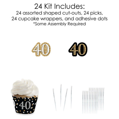 Adult 40th Birthday - Gold - Cupcake Decorations - Birthday Party Cupcake Wrappers and Treat Picks Kit - Set of 24