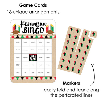Happy Kwanzaa - Bingo Cards and Markers - African Heritage Holiday Bingo Game - Set of 18
