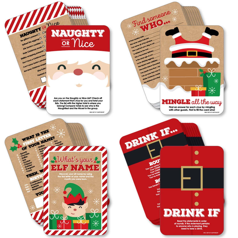 Jolly Santa Claus - 4 Christmas Party Games - 10 Cards Each - Naughty or Nice, Drink If, Mingle All the Way, What&
