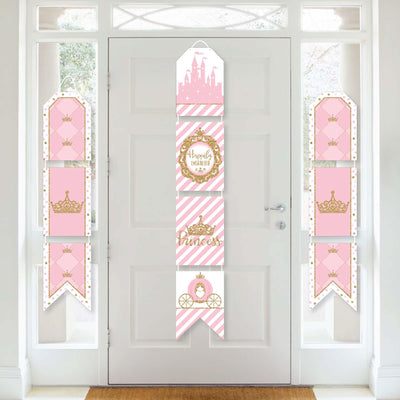 Little Princess Crown - Hanging Vertical Paper Door Banners - Pink and Gold Princess Baby Shower or Birthday Party Wall Decoration Kit - Indoor Door Decor