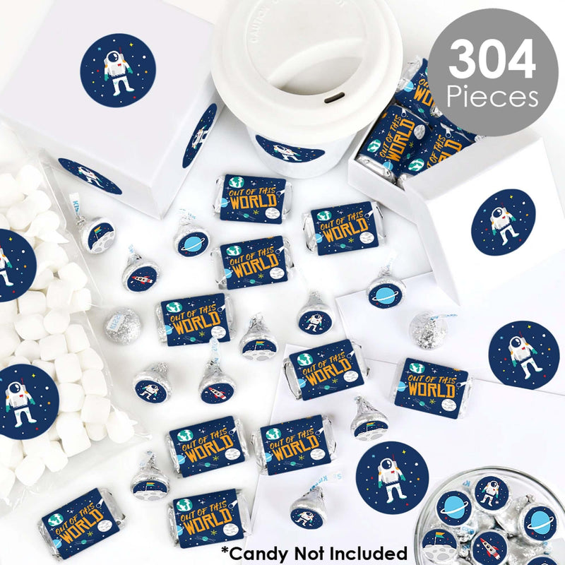 Blast Off to Outer Space - Mini Candy Bar Wrappers, Round Candy Stickers and Circle Stickers - Rocket Ship Baby Shower or Birthday Party Candy Favor Sticker Kit - 304 Pieces
