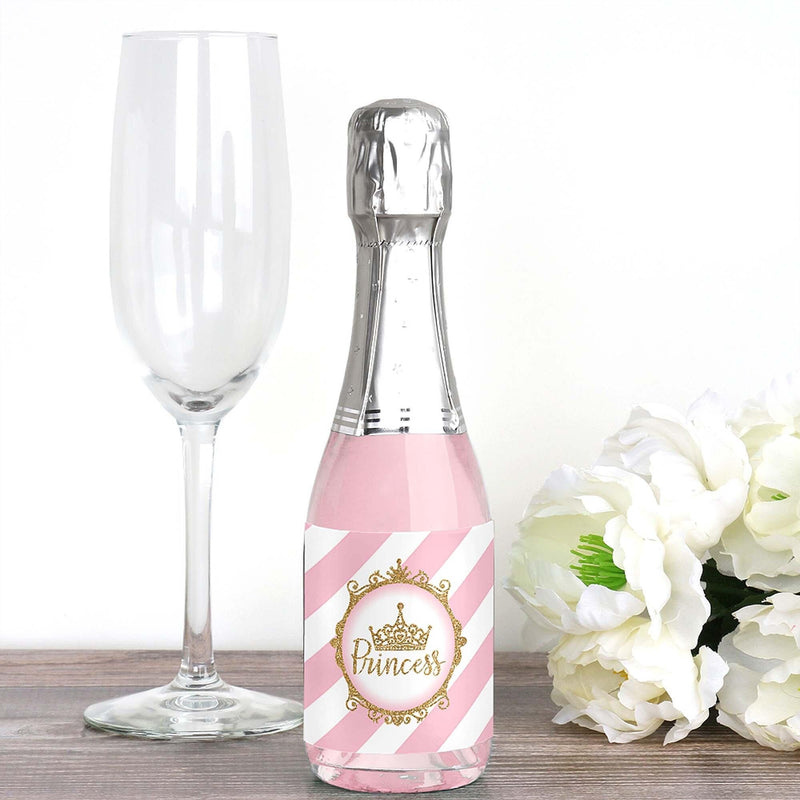 Little Princess Crown - Mini Wine and Champagne Bottle Label Stickers - Pink and Gold Princess Baby Shower or Birthday Party Favor Gift for Women and Men - Set of 16