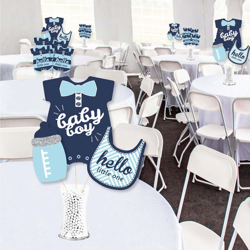 Hello Little One - Blue and Silver - Boy Baby Shower Party Centerpiece Sticks - Showstopper Table Toppers - 35 Pieces