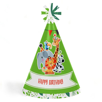 Jungle Party Animals - Cone Safari Zoo Animal Happy Birthday Party Hats for Kids and Adults - Set of 8 (Standard Size)