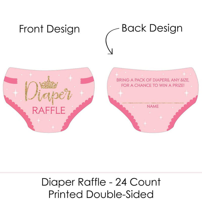 Little Princess Crown - Diaper Shaped Raffle Ticket Inserts - Pink and Gold Princess Baby Shower Activities - Diaper Raffle Game - Set of 24