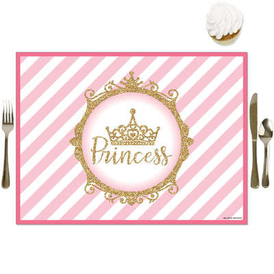 Little Princess Crown - Party Table Decorations - Pink and Gold Princess Baby Shower or Birthday Party Placemats - Set of 16