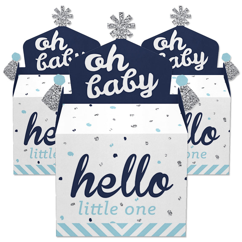 Hello Little One - Blue and Silver - Treat Box Party Favors - Boy Baby Shower Goodie Gable Boxes - Set of 12
