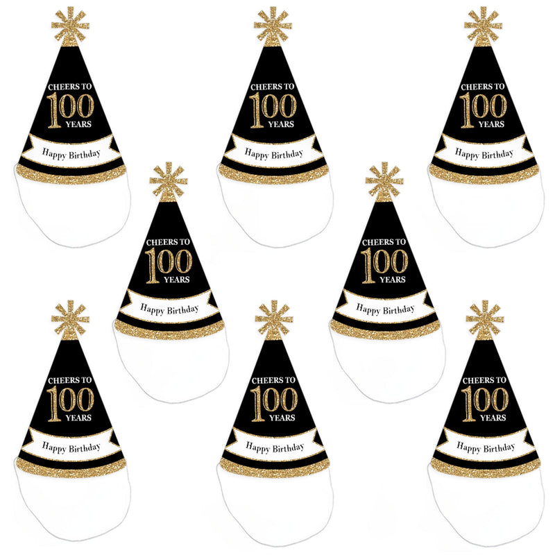 Adult 100th Birthday - Gold - Cone Birthday Party Hats for Adults - Set of 8 (Standard Size)