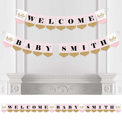 Personalized Hello Little One - Pink and Gold - Custom Girl Baby Shower Bunting Banner and Decorations - Welcome Baby Custom Name Banner