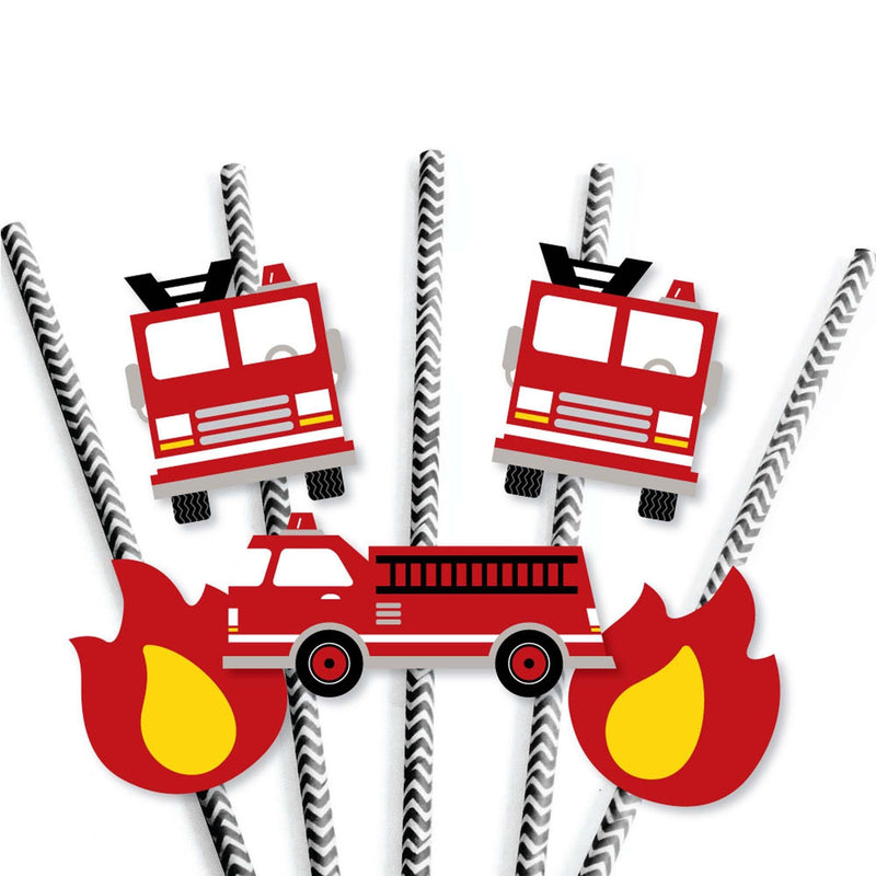 Fired Up Fire Truck - Paper Straw Decor - Firefighter Firetruck Baby Shower or Birthday Party Striped Decorative Straws - Set of 24