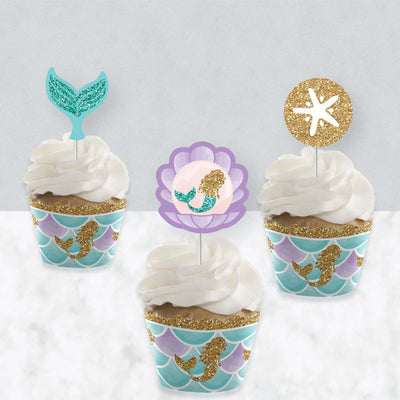 Let's Be Mermaids - Cupcake Decorations - Baby Shower or Birthday Party Cupcake Wrappers and Treat Picks Kit - Set of 24