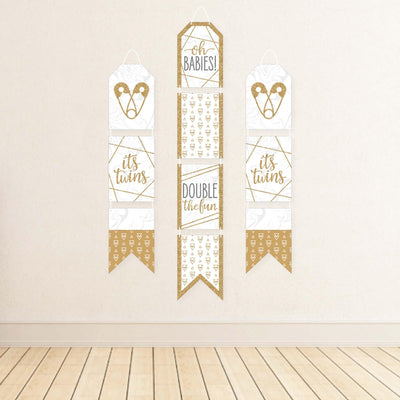 It's Twins - Hanging Vertical Paper Door Banners - Gold Twins Baby Shower Wall Decoration Kit - Indoor Door Decor