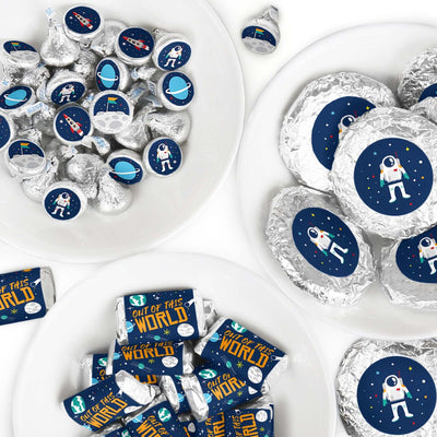 Blast Off to Outer Space - Mini Candy Bar Wrappers, Round Candy Stickers and Circle Stickers - Rocket Ship Baby Shower or Birthday Party Candy Favor Sticker Kit - 304 Pieces