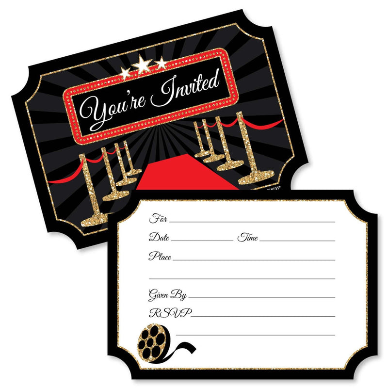 Red Carpet Hollywood - Shaped Fill-In Invitations - Movie Night Party Invitation Cards with Envelopes - Set of 12