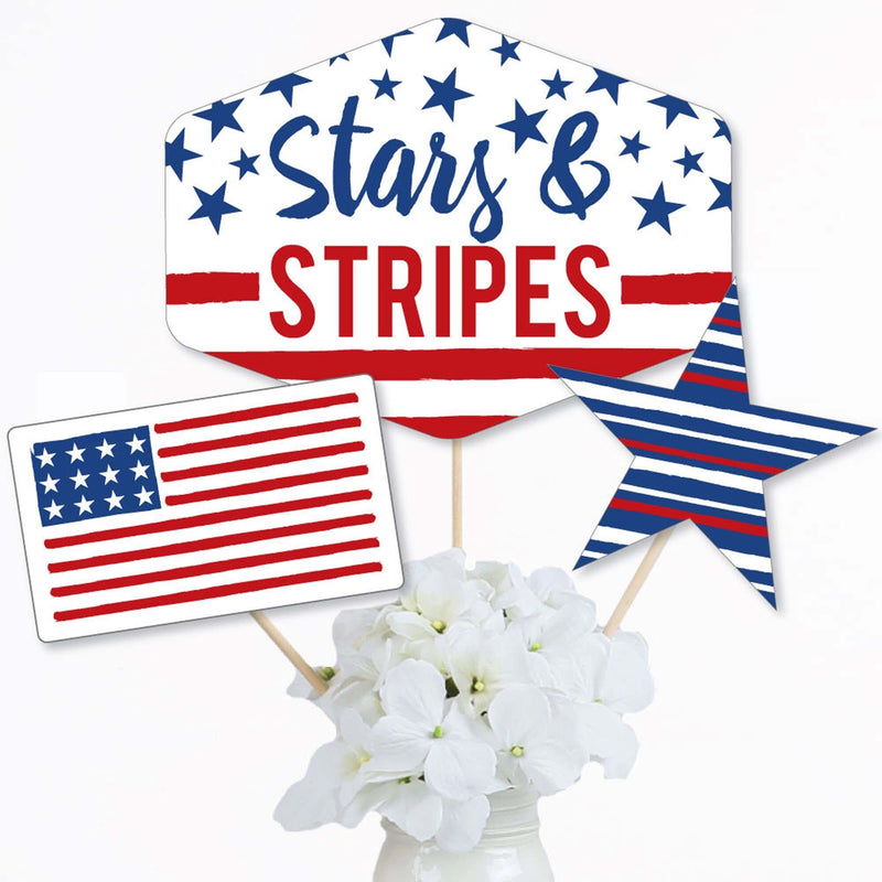 Stars & Stripes - Memorial Day, 4th of July and Labor Day USA Patriotic Party Centerpiece Sticks - Table Toppers - Set of 15