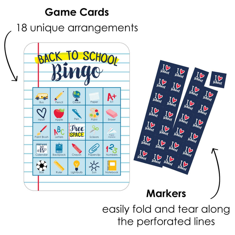 Back to School - Picture Bingo Cards and Markers - First Day of School Classroom Activities Bingo Game - Set of 18