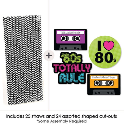 80's Retro - Paper Straw Decor - Totally 1980s Party Striped Decorative Straws - Set of 24