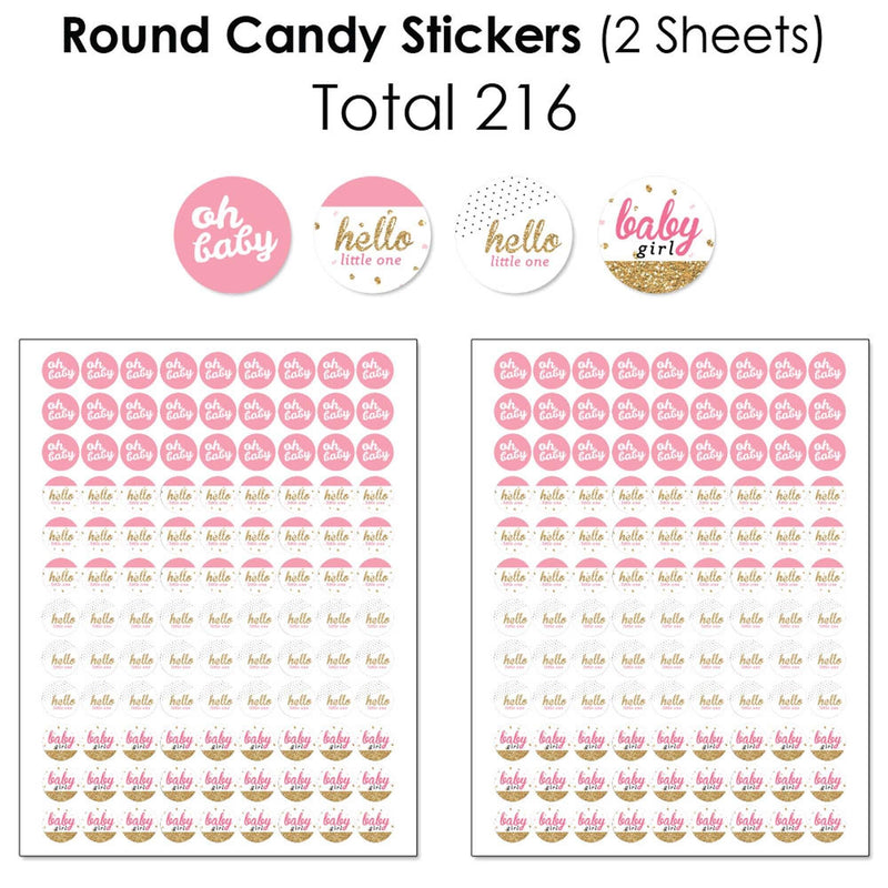 Hello Little One - Pink and Gold - Mini Candy Bar Wrappers, Round Candy Stickers and Circle Stickers - Girl Baby Shower Candy Favor Sticker Kit - 304 Pieces