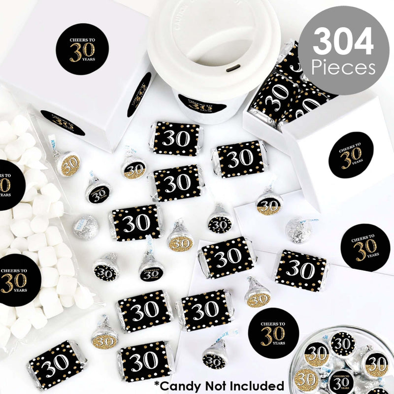 Adult 30th Birthday - Gold - Mini Candy Bar Wrappers, Round Candy Stickers and Circle Stickers - Birthday Party Candy Favor Sticker Kit - 304 Pieces