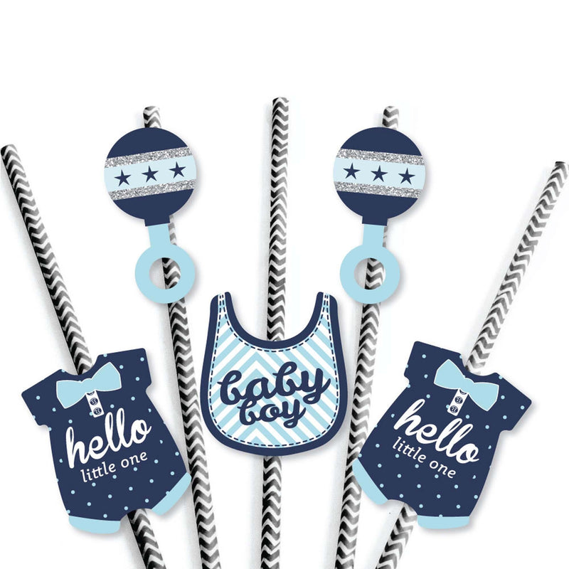 Hello Little One - Blue and Silver - Paper Straw Decor - Baby Shower Striped Decorative Straws - Set of 24