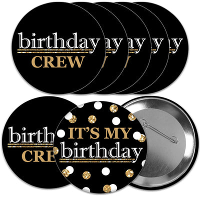 Adult Happy Birthday - Gold - 3 inch Birthday Party Badge - Pinback Buttons - Set of 8