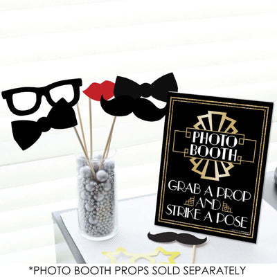 Roaring 20's Photo Booth Sign - 1920s Art Deco Jazz Party Decorations - Printed on Sturdy Plastic Material - 10.5 x 13.75 inches - Sign with Stand - 1 Piece