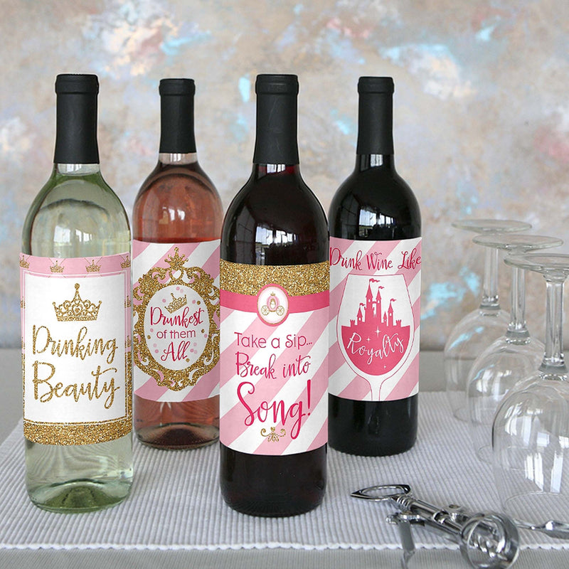 Little Princess Crown - Pink and Gold Princess Baby Shower or Birthday Party Decorations for Women and Men - Wine Bottle Label Stickers - Set of 4