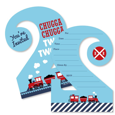 2nd Birthday Railroad Party Crossing - Chugga Chugga Two Two - Shaped Fill-In Invitations - Steam Train Second Birthday Party Invitation Cards with Envelopes - Set of 12