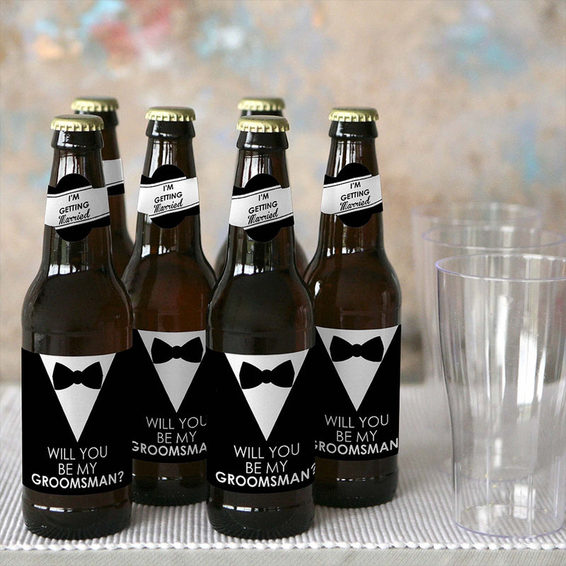 Suit Up - Decorations for Men - 6 Will You Be My Groomsman Beer Bottle Label Stickers and 1 Carrier