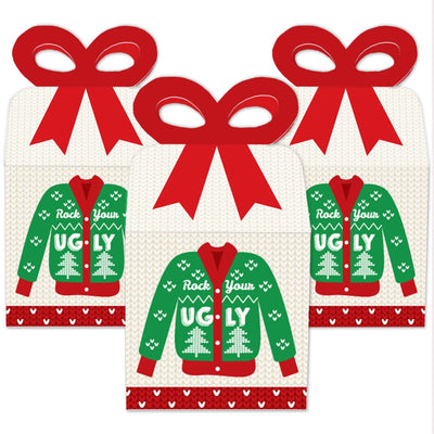 Ugly Sweater - Square Favor Gift Boxes - Holiday and Christmas Party Bow Boxes - Set of 12