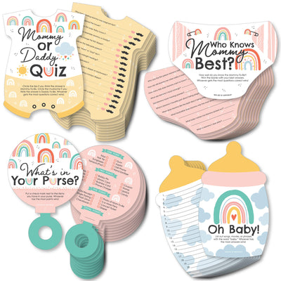Hello Rainbow - 4 Boho Baby Shower Games - 10 Cards Each - Who Knows Mommy Best, Mommy or Daddy Quiz, What's in Your Purse and Oh Baby - Gamerific Bundle