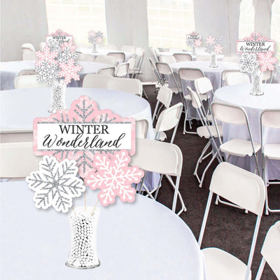 Pink Winter Wonderland - Holiday Snowflake Birthday Party and Baby Shower Centerpiece Sticks - Showstopper Table Toppers - 35 Pieces