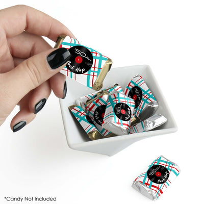 50's Sock Hop - Mini Candy Bar Wrapper Stickers - 1950s Rock N Roll Party Small Favors - 40 Count