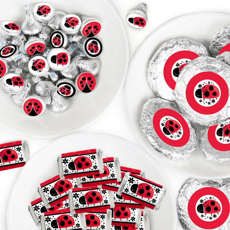 Happy Little Ladybug - Mini Candy Bar Wrappers, Round Candy Stickers and Circle Stickers - Baby Shower or Birthday Party Candy Favor Sticker Kit - 304 Pieces