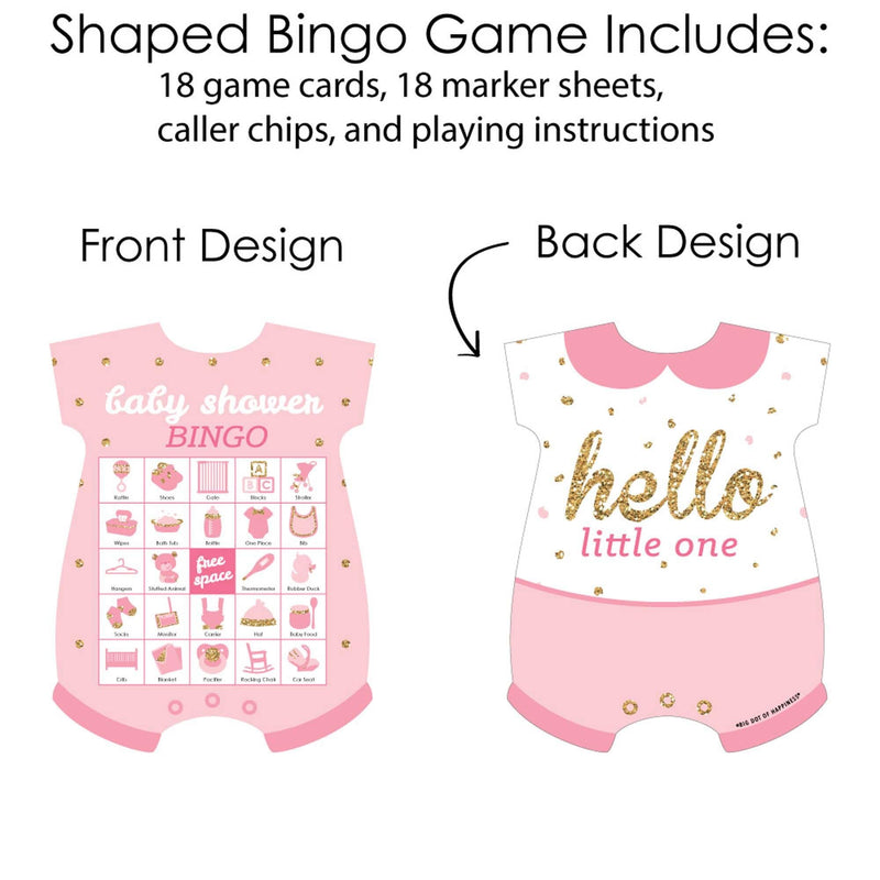 Hello Little One - Pink and Gold - Picture Bingo Cards and Markers - Girl Baby Shower Shaped Bingo Game - Set of 18