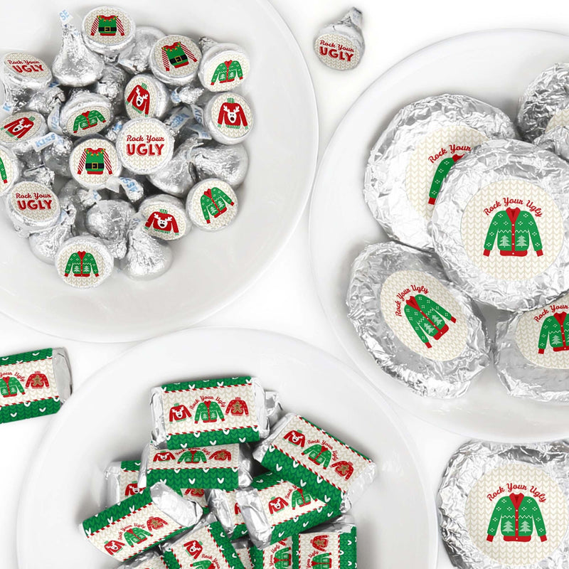 Ugly Sweater - Mini Candy Bar Wrappers, Round Candy Stickers and Circle Stickers - Holiday and Christmas Party Candy Favor Sticker Kit - 304 Pieces