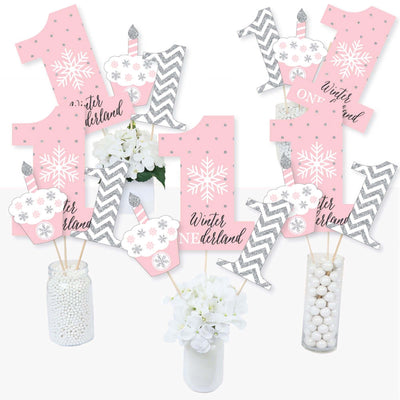 Pink ONEderland - Snowflake Winter Wonderland First Birthday Party Centerpiece Sticks - Table Toppers - Set of 15