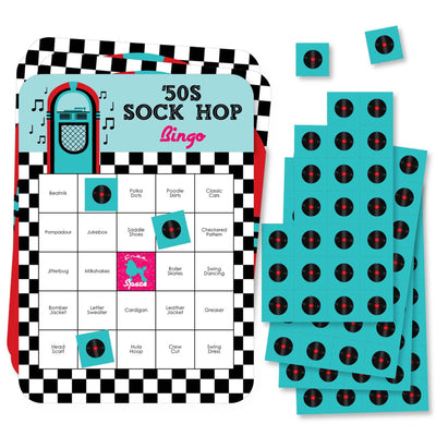 50's Sock Hop - Bar Bingo Cards and Markers - 1950s Rock N Roll Party Bingo Game - Set of 18