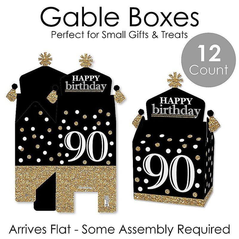 Adult 90th Birthday - Gold - Treat Box Party Favors - Birthday Party Goodie Gable Boxes - Set of 12