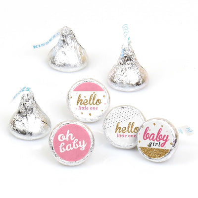 Hello Little One - Pink and Gold - Round Candy Labels Party Favors - Fits Hershey's Kisses - 108 ct