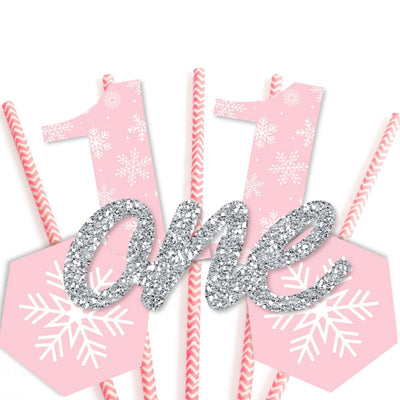 Pink ONEderland - Paper Straw Decor - Holiday Snowflake Winter Wonderland Birthday Party Striped Decorative Straws - Set of 24