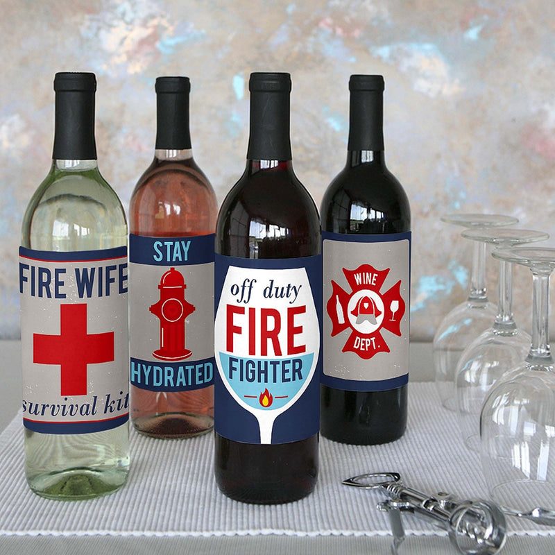 Fired Up Fire Truck - Firefighter Wine Bottle Gift Label - Firetruck Party Decorations for Women and Men - Wine Bottle Label Stickers - Set of 4