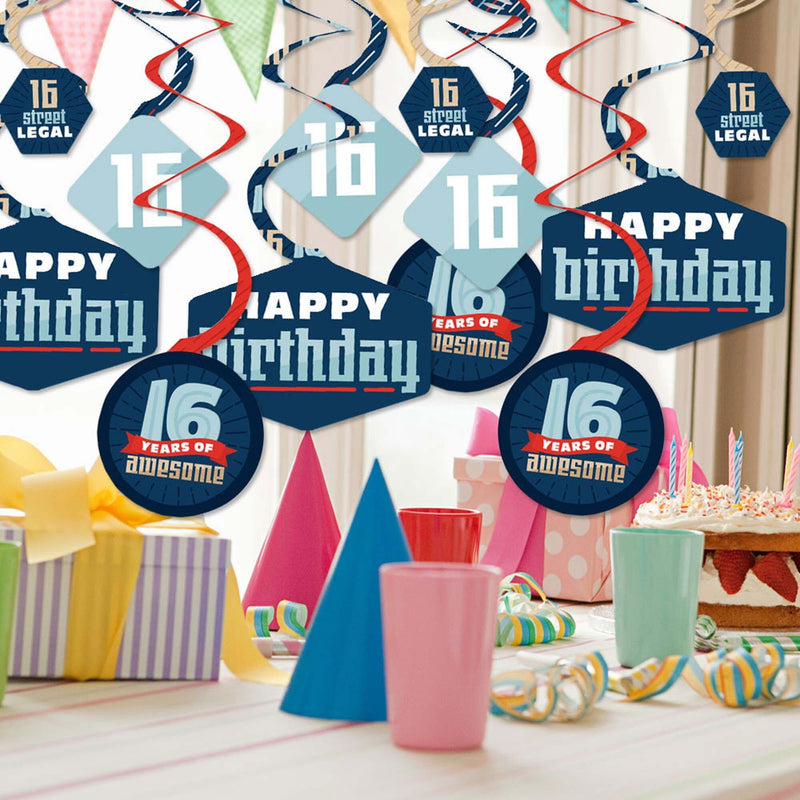 Boy 16th Birthday - Sweet Sixteen Birthday Hanging Decor - Party Decoration Swirls - Set of 40