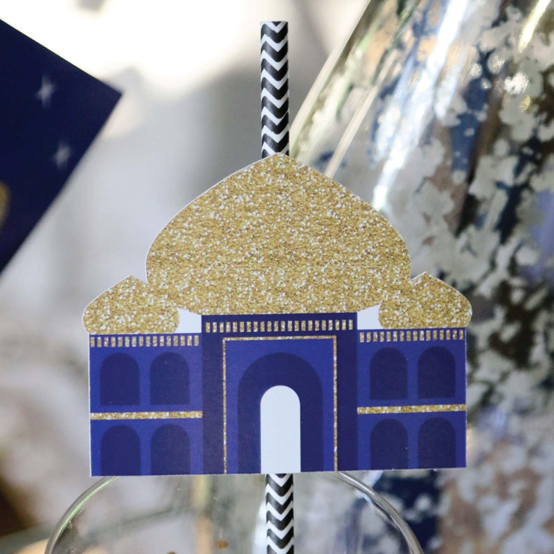 Ramadan - Paper Straw Decor - Eid Mubarak Striped Decorative Straws - Set of 24