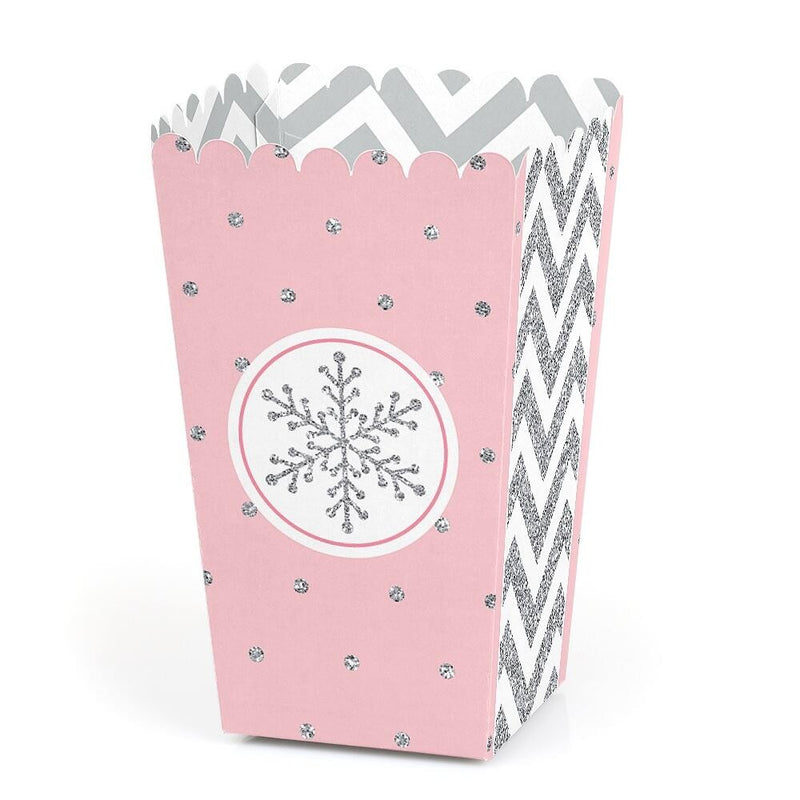 Pink Winter Wonderland - Holiday Snowflake Birthday Party or Baby Shower Favor Popcorn Treat Boxes - Set of 12