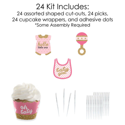 Hello Little One - Pink and Gold - Cupcake Decorations - Girl Baby Shower Cupcake Wrappers and Treat Picks Kit - Set of 24
