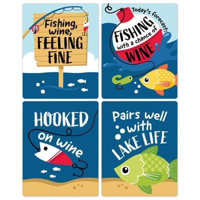 Let's Go Fishing - Fish Themed Birthday Party or Baby Shower Decorations for Women and Men - Wine Bottle Label Stickers - Set of 4
