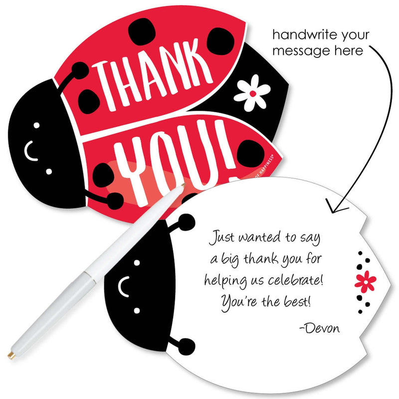 Happy Little Ladybug - Shaped Thank You Cards - Baby Shower or Birthday Party Thank You Note Cards with Envelopes - Set of 12