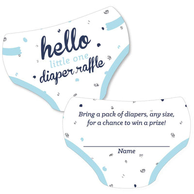 Hello Little One - Blue and Silver - Diaper Shaped Raffle Ticket Inserts - Boy Baby Shower Activities - Diaper Raffle Game - Set of 24